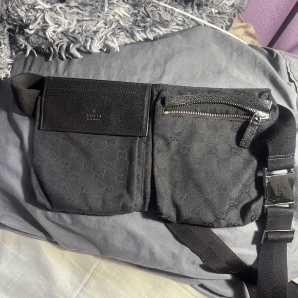 Black GG Canvas Double Pocket Waist Pouch